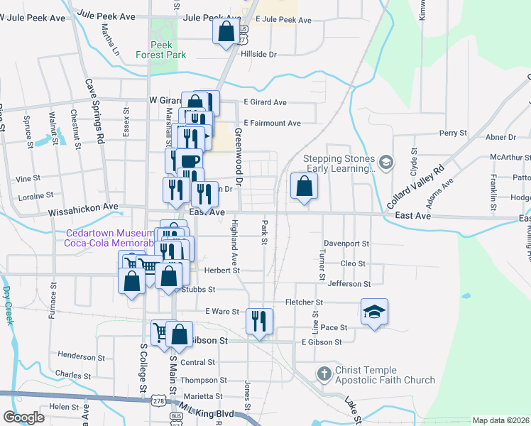 map of restaurants, bars, coffee shops, grocery stores, and more near 110 Park Street in Cedartown