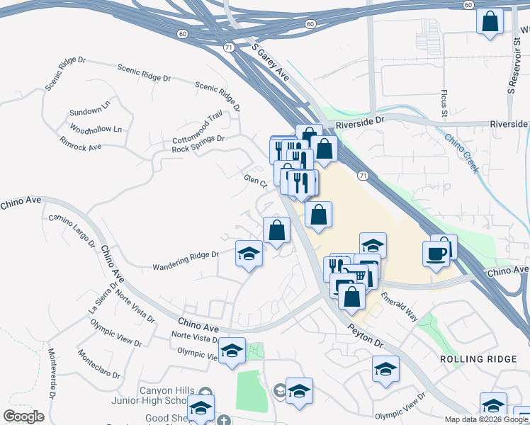 map of restaurants, bars, coffee shops, grocery stores, and more near 13151 Pinnacle Court in Chino Hills