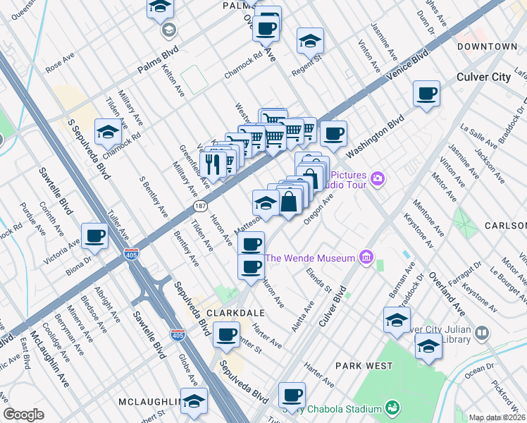 map of restaurants, bars, coffee shops, grocery stores, and more near 3872 College Avenue in Culver City