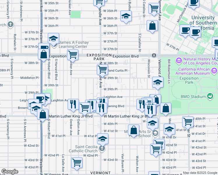 map of restaurants, bars, coffee shops, grocery stores, and more near 1249 West 39th Place in Los Angeles