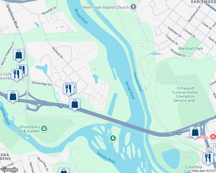 map of restaurants, bars, coffee shops, grocery stores, and more near 2076 Watermark Place in Columbia