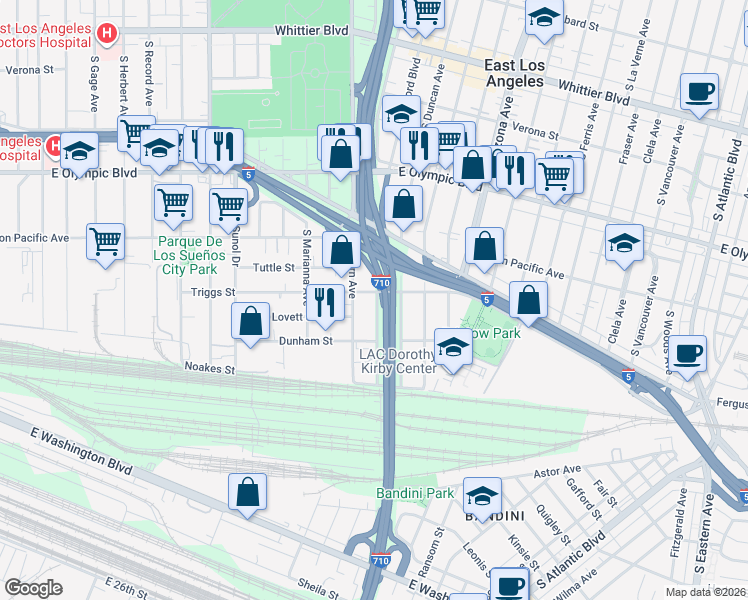 map of restaurants, bars, coffee shops, grocery stores, and more near 1411 South Sydney Drive in Commerce