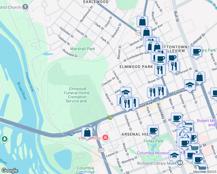 map of restaurants, bars, coffee shops, grocery stores, and more near 2323 Gadsden Street in Columbia