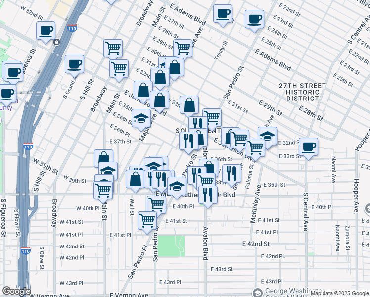 map of restaurants, bars, coffee shops, grocery stores, and more near 533 East 36th Street in Los Angeles