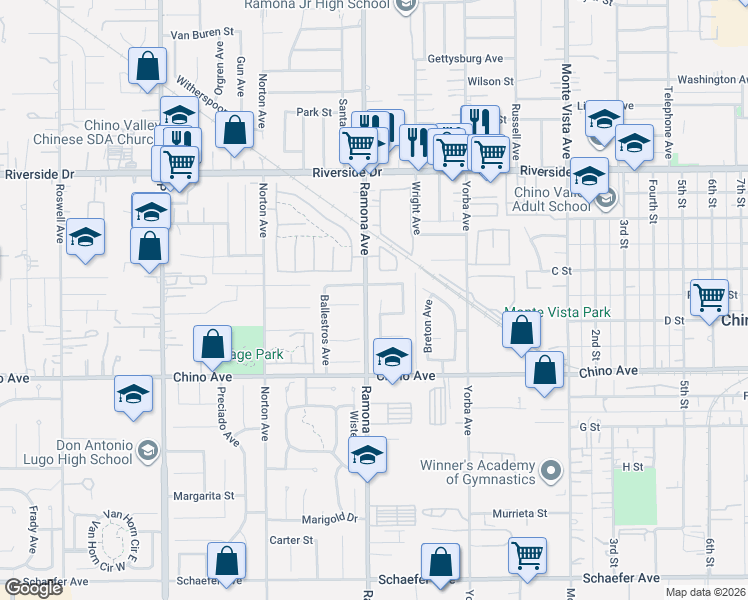 map of restaurants, bars, coffee shops, grocery stores, and more near 13148 Derby Avenue in Chino