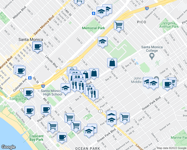 map of restaurants, bars, coffee shops, grocery stores, and more near 1013 Pico Boulevard in Santa Monica