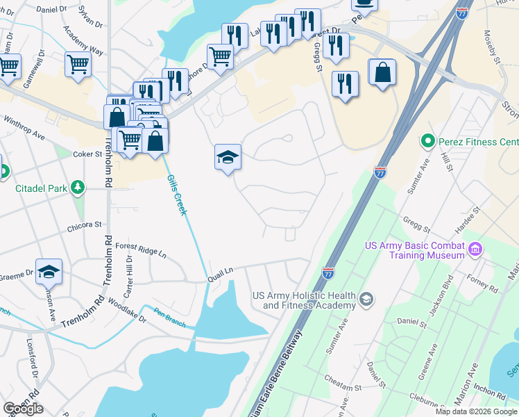 map of restaurants, bars, coffee shops, grocery stores, and more near 500 Alexander Circle in Columbia
