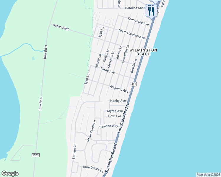 map of restaurants, bars, coffee shops, grocery stores, and more near 1714 Bonito Lane in Carolina Beach