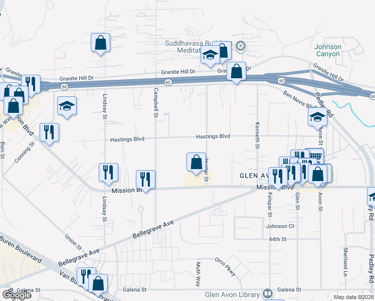 map of restaurants, bars, coffee shops, grocery stores, and more near 9478 Hastings Boulevard in Riverside