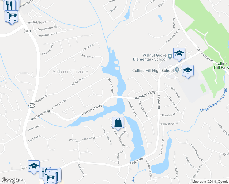map of restaurants, bars, coffee shops, grocery stores, and more near 181 Shore Drive Northwest in Suwanee