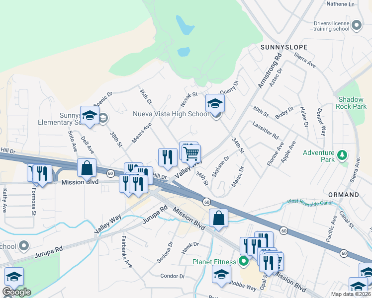 map of restaurants, bars, coffee shops, grocery stores, and more near 6836 36th Street in Riverside