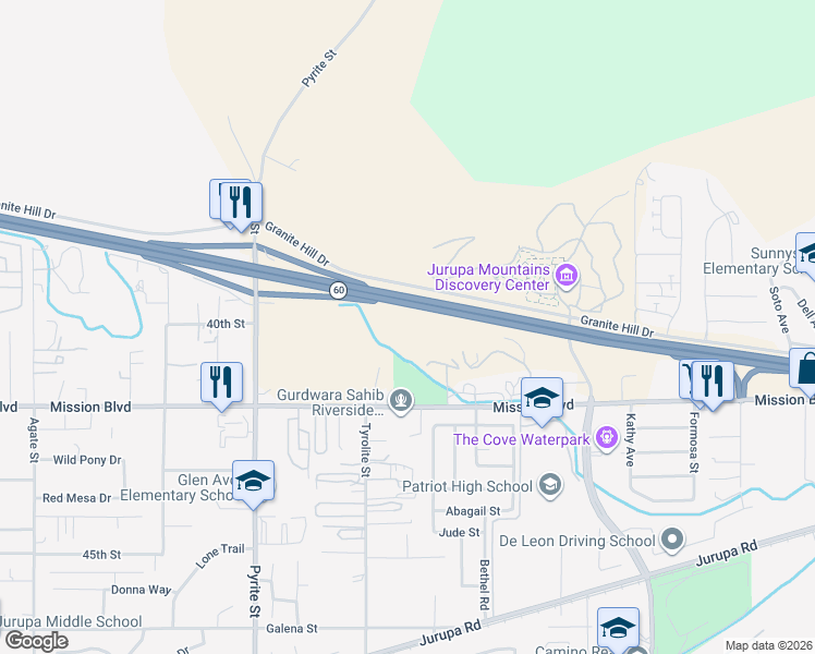 map of restaurants, bars, coffee shops, grocery stores, and more near 7701 Mission Boulevard in Riverside