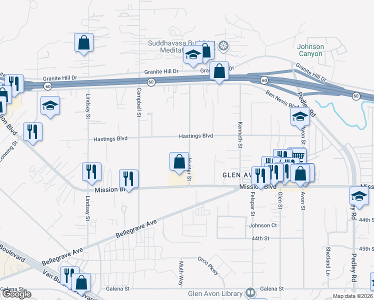 map of restaurants, bars, coffee shops, grocery stores, and more near 4065 Hunter Street in Riverside