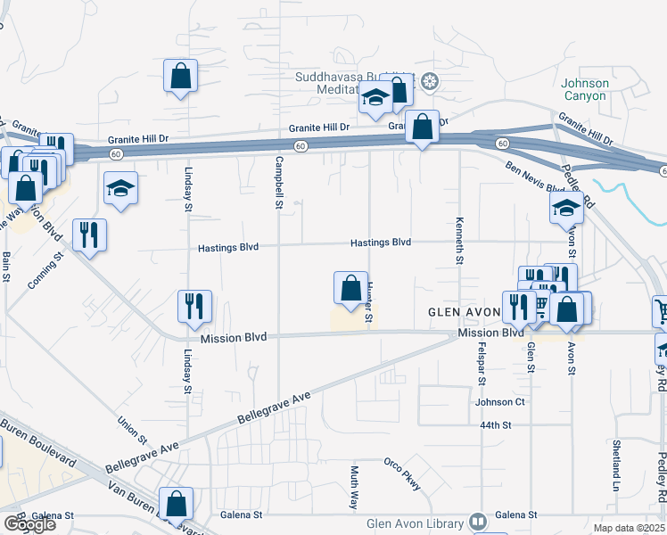 map of restaurants, bars, coffee shops, grocery stores, and more near 9478 Hastings Boulevard in Riverside