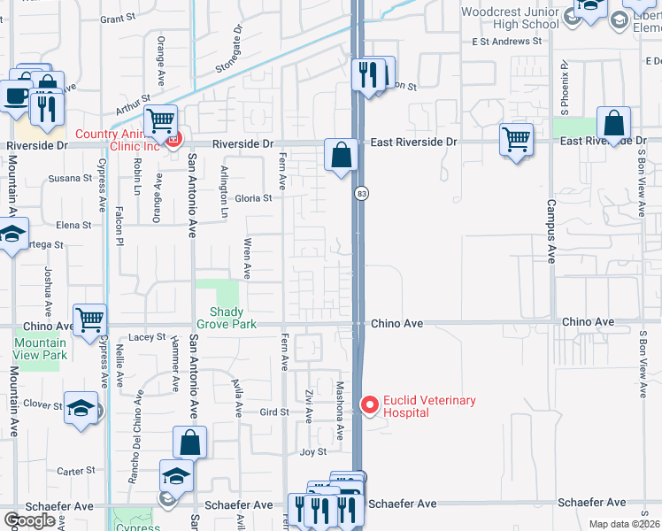 map of restaurants, bars, coffee shops, grocery stores, and more near 13188 Stellar Avenue in Chino