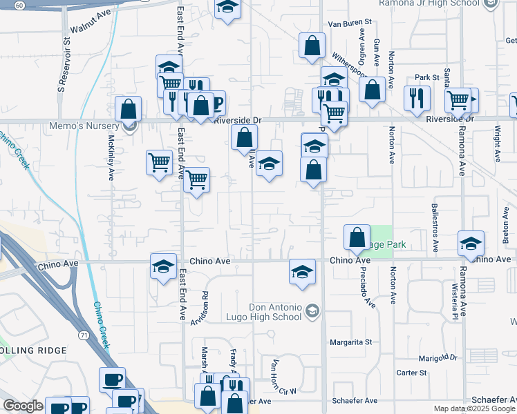 map of restaurants, bars, coffee shops, grocery stores, and more near 13166 Roswell Avenue in Chino