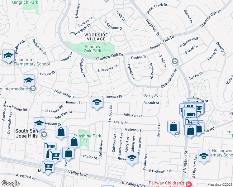 map of restaurants, bars, coffee shops, grocery stores, and more near 3728 Missouri Street in West Covina