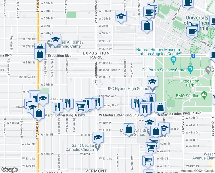 map of restaurants, bars, coffee shops, grocery stores, and more near 1256 West 39th Place in Los Angeles