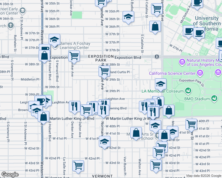 map of restaurants, bars, coffee shops, grocery stores, and more near 1249 West 39th Place in Los Angeles