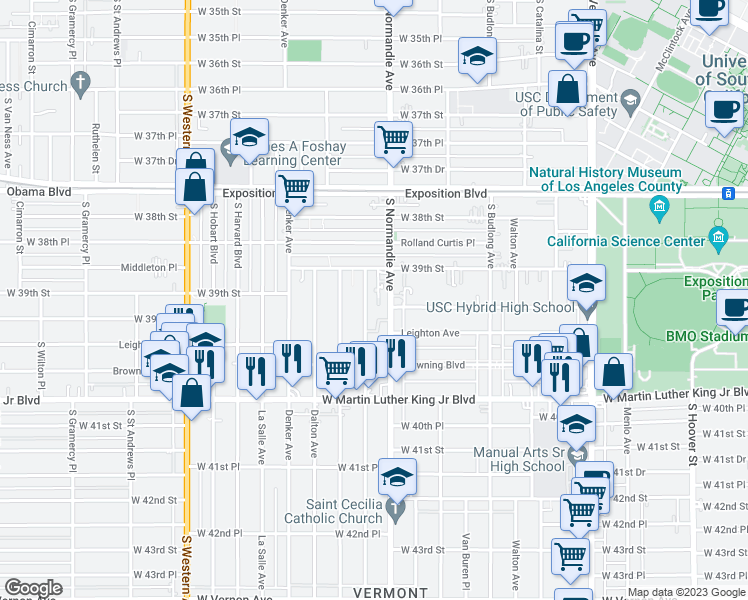 map of restaurants, bars, coffee shops, grocery stores, and more near 3927 Normandie Avenue in Los Angeles