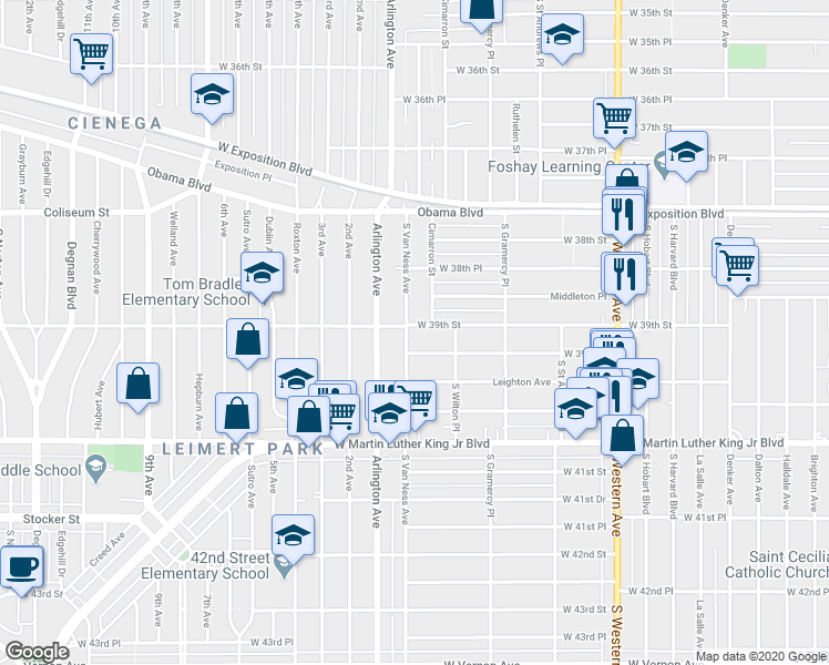 map of restaurants, bars, coffee shops, grocery stores, and more near 3914 South Van Ness Avenue in Los Angeles