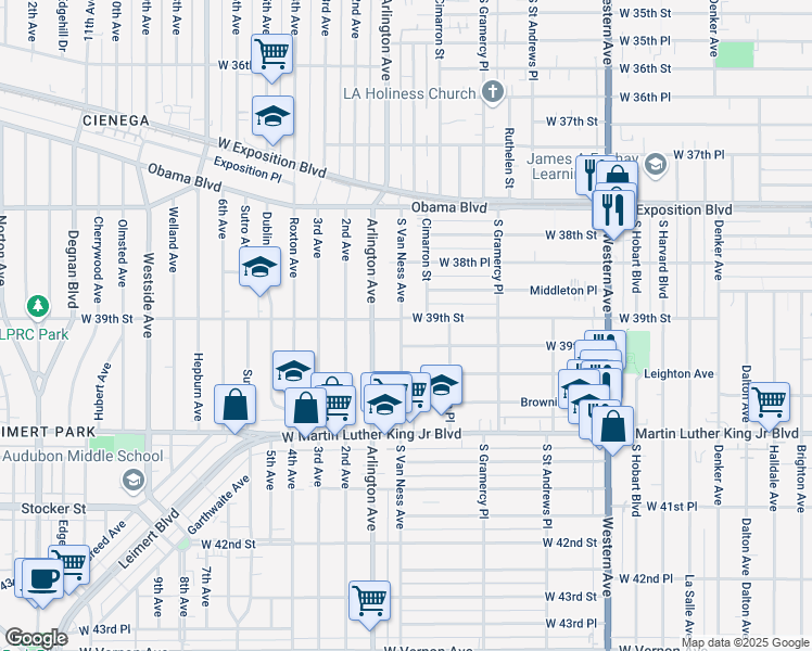 map of restaurants, bars, coffee shops, grocery stores, and more near 3914 South Van Ness Avenue in Los Angeles