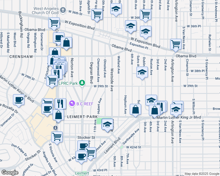 map of restaurants, bars, coffee shops, grocery stores, and more near 3917 Westside Avenue in Los Angeles