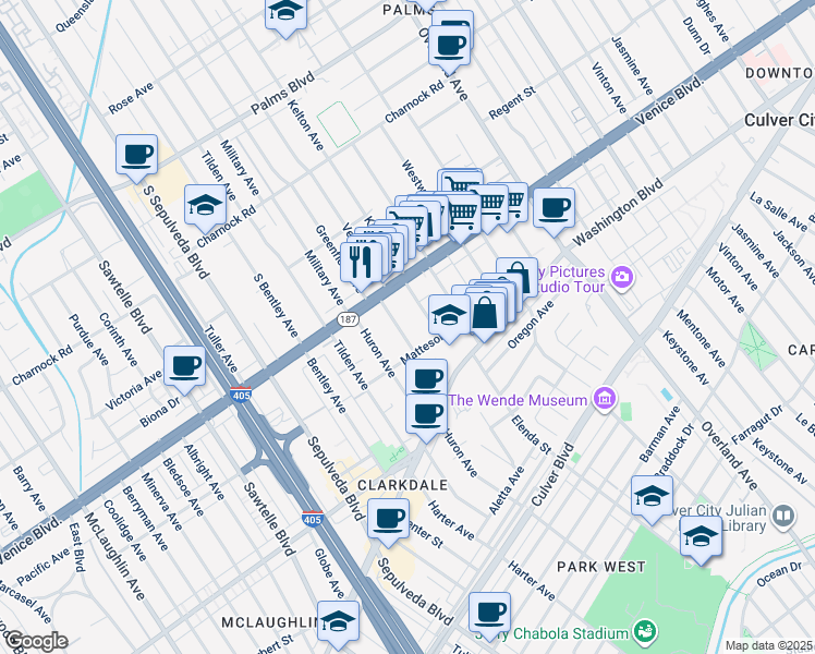 map of restaurants, bars, coffee shops, grocery stores, and more near 3864 Prospect Avenue in Culver City