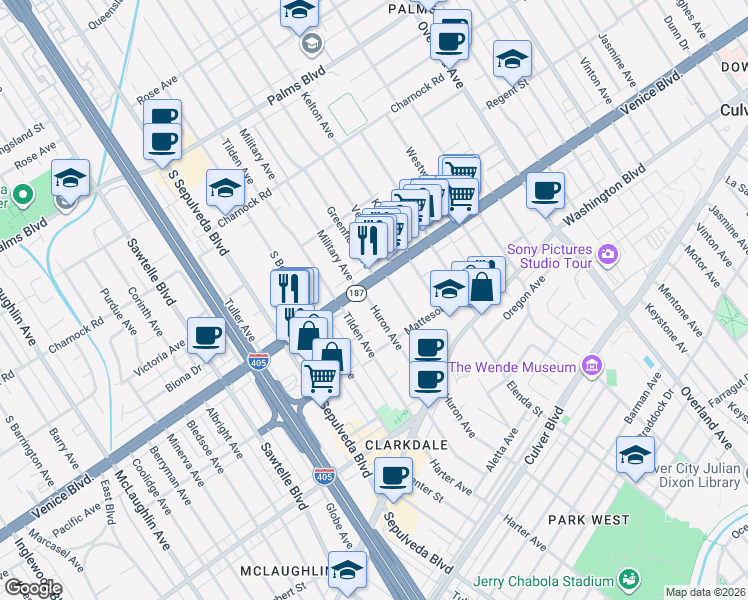 map of restaurants, bars, coffee shops, grocery stores, and more near 3836 Huron Avenue in Culver City