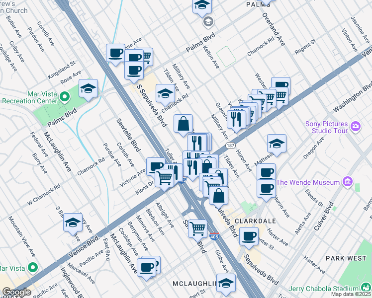 map of restaurants, bars, coffee shops, grocery stores, and more near 3747 Dufresne Court in Los Angeles