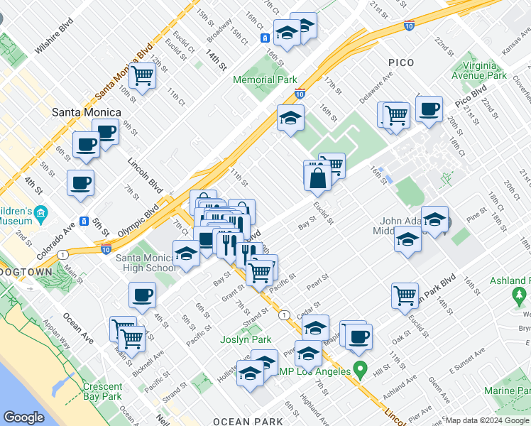 map of restaurants, bars, coffee shops, grocery stores, and more near 1013 Pico Boulevard in Santa Monica