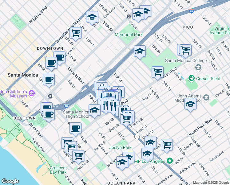 map of restaurants, bars, coffee shops, grocery stores, and more near 1854 10th Street in Santa Monica