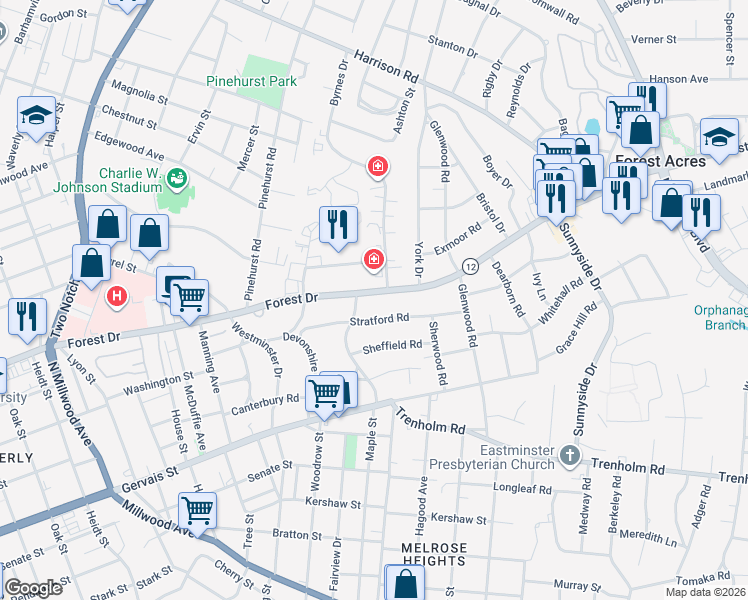 map of restaurants, bars, coffee shops, grocery stores, and more near 2829 Stratford Road in Columbia