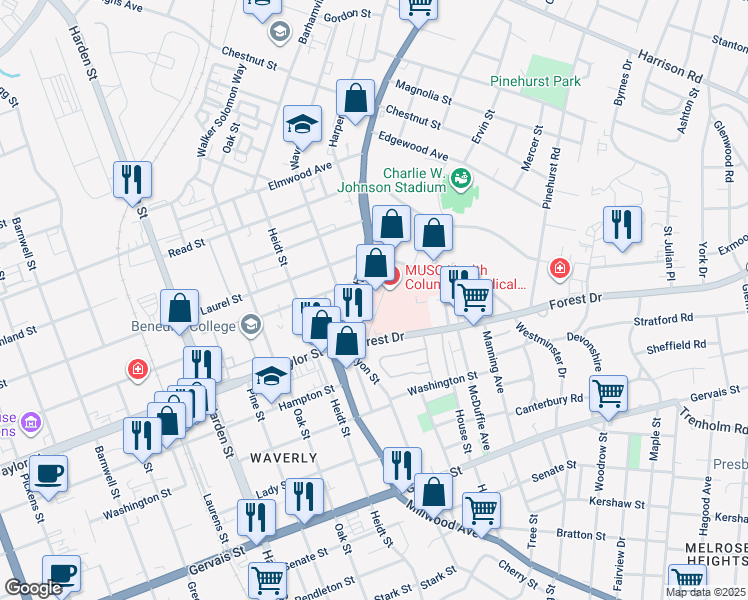 map of restaurants, bars, coffee shops, grocery stores, and more near 1616 Two Notch Road in Columbia