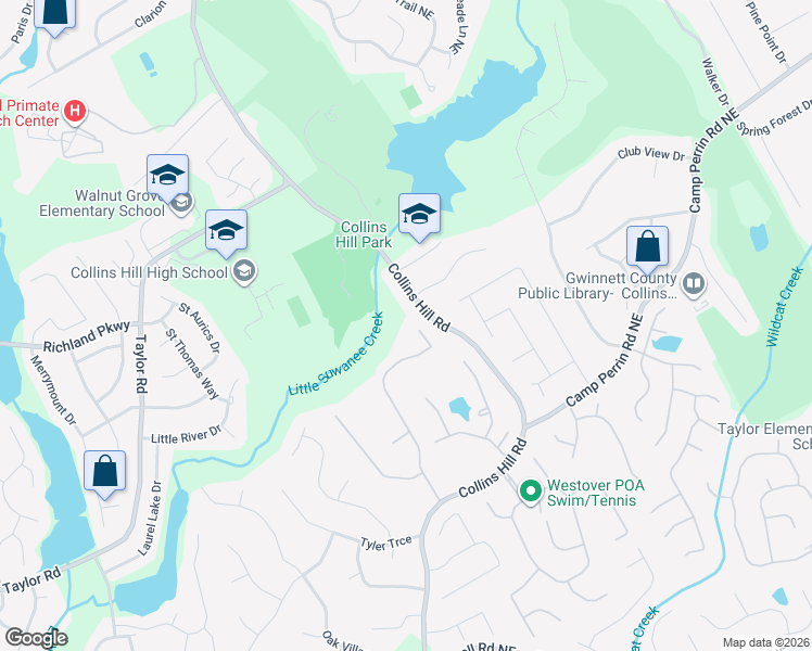map of restaurants, bars, coffee shops, grocery stores, and more near 2320 Wildcat Cliffs Way in Lawrenceville