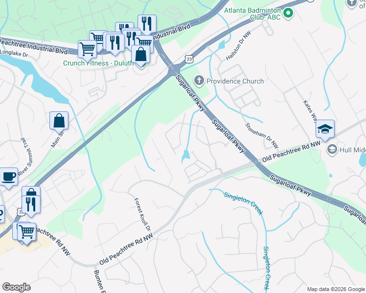 map of restaurants, bars, coffee shops, grocery stores, and more near 3633 Terrah Point Drive in Duluth