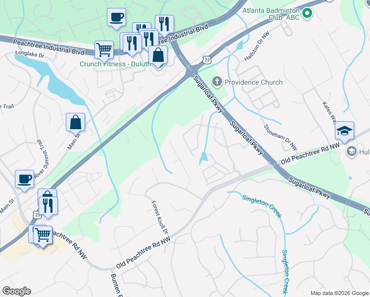map of restaurants, bars, coffee shops, grocery stores, and more near 3749 Union Park Drive in Duluth