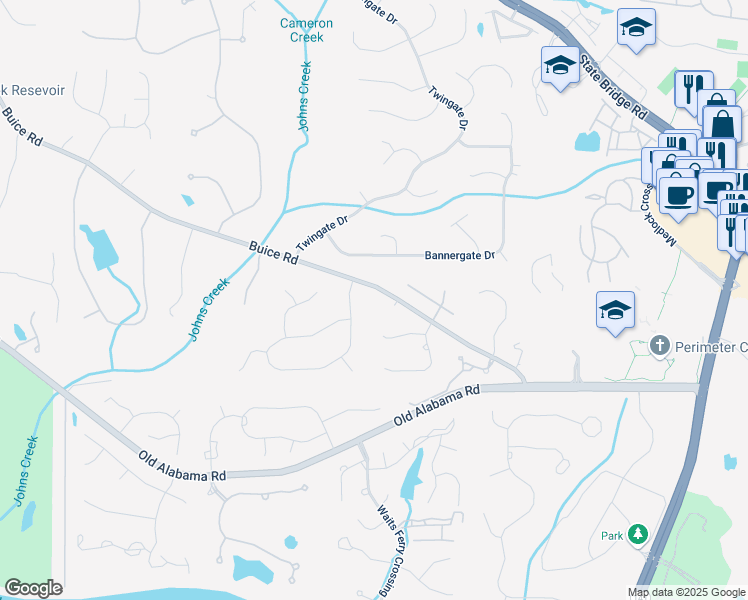 map of restaurants, bars, coffee shops, grocery stores, and more near 5255 Buice Road in Alpharetta