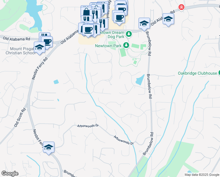 map of restaurants, bars, coffee shops, grocery stores, and more near 3000 Leeds Garden Lane in Alpharetta