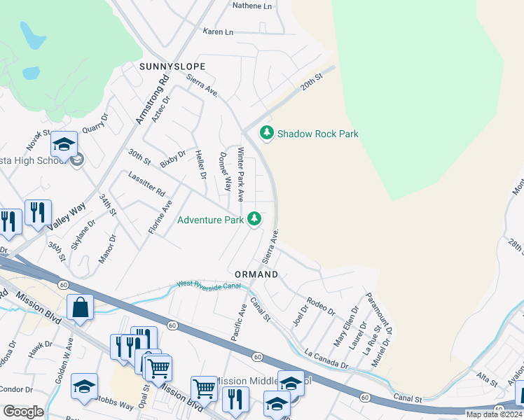 map of restaurants, bars, coffee shops, grocery stores, and more near 6599 Bryce Canyon Court in Jurupa Valley