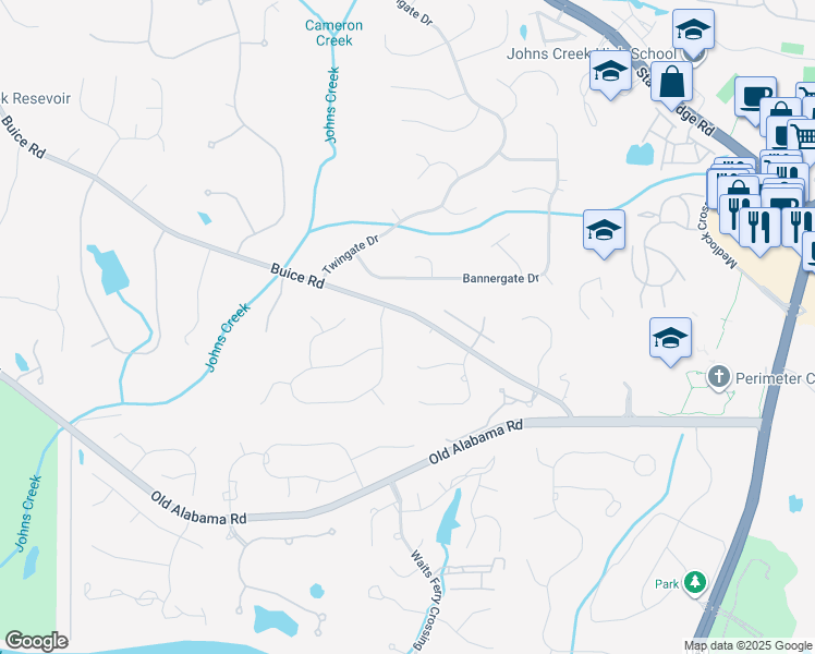 map of restaurants, bars, coffee shops, grocery stores, and more near 5265 Buice Road in Alpharetta