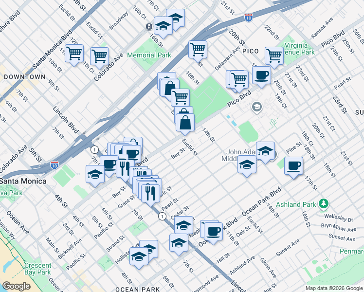map of restaurants, bars, coffee shops, grocery stores, and more near 2016 Euclid Street in Santa Monica