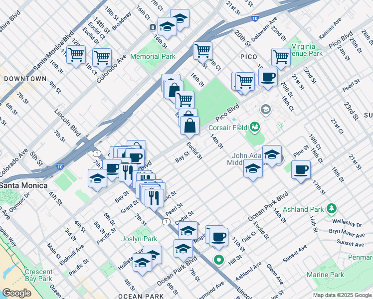 map of restaurants, bars, coffee shops, grocery stores, and more near 2016 Euclid Street in Santa Monica