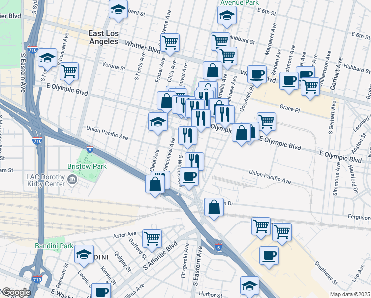 map of restaurants, bars, coffee shops, grocery stores, and more near 5137 Union Pacific Avenue in Los Angeles