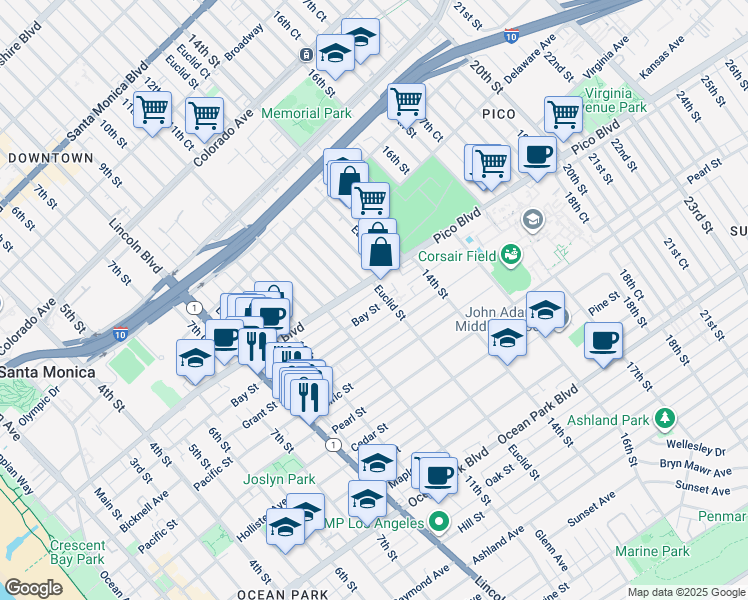 map of restaurants, bars, coffee shops, grocery stores, and more near 2016 Euclid Street in Santa Monica