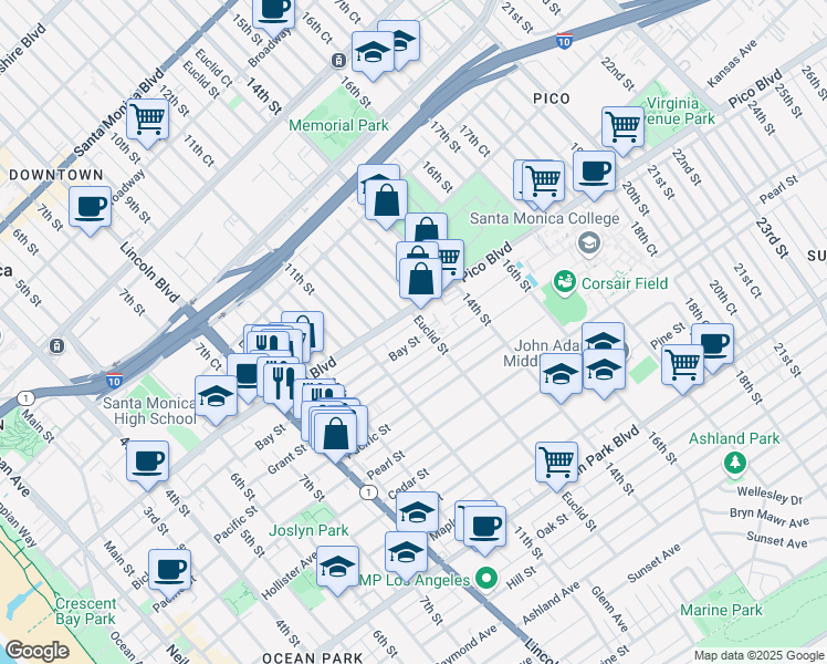 map of restaurants, bars, coffee shops, grocery stores, and more near 1208 Bay Street in Santa Monica