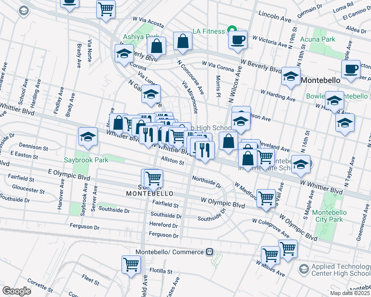map of restaurants, bars, coffee shops, grocery stores, and more near 2425 West Whittier Boulevard in Montebello