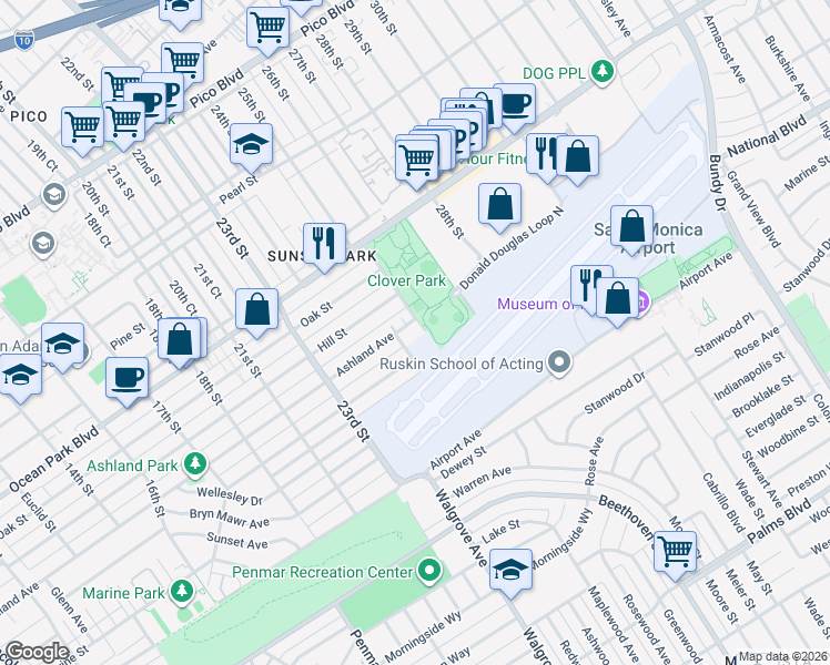 map of restaurants, bars, coffee shops, grocery stores, and more near 2450 Ashland Avenue in Santa Monica