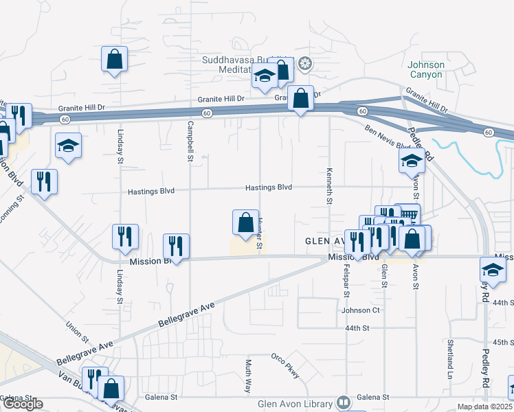 map of restaurants, bars, coffee shops, grocery stores, and more near 9468 Hastings Boulevard in Riverside