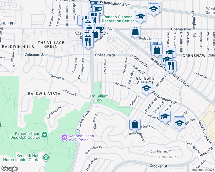 map of restaurants, bars, coffee shops, grocery stores, and more near 4014 Stevely Avenue in Los Angeles